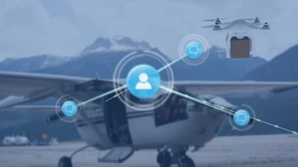 Network Digital Icons Drone Carrying Delivery Box Plane Parked Airport — Vídeo de Stock