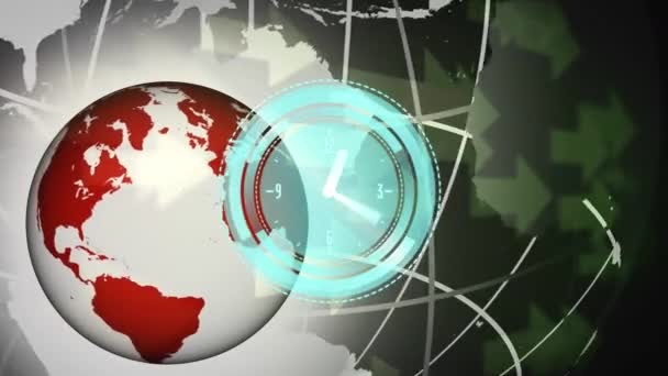 Animation Moving Clock Globe Black Background Global Connections Digital Interface — Αρχείο Βίντεο