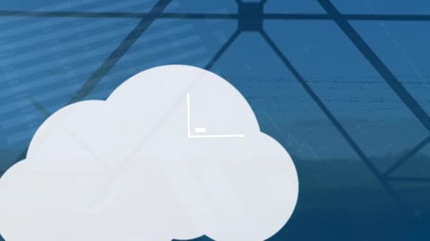 青い背景のグラフやデータにテクノロジーアイコンを持つ雲のアニメーション — ストック動画