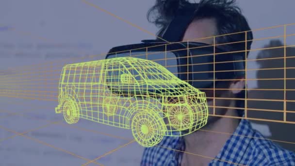 Animación Dibujo Digital Coche Sobre Hombre Usando Auriculares Ingeniería Global — Vídeos de Stock