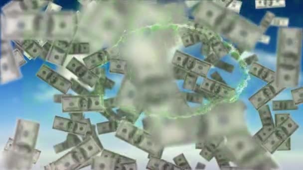 Animation Digital Brain Dollar Bills Falling Blue Background Global Finance — Vídeo de Stock