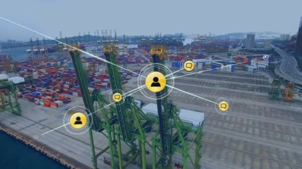 Network Digital Icons Aerial View Port Global Networking Logistics Business — Stock Video
