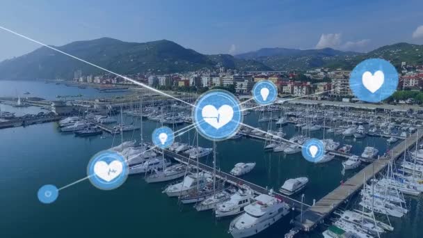 Jaringan Ikon Digital Terhadap Pandangan Udara Pelabuhan Pelabuhan Konsep Bisnis — Stok Video