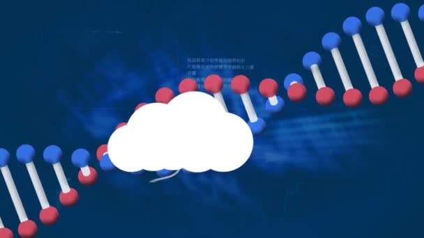 雲とDna鎖のアニメーションが青の背景にグラフと世界地図上に表示されます 世界規模の接続 クラウドコンピューティング データ 科学技術の概念がデジタルで生成されたビデオ — ストック動画