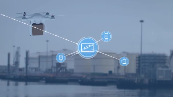 Network Digital Icons Drone Carrying Delivery Box Port Global Networking — Stock video