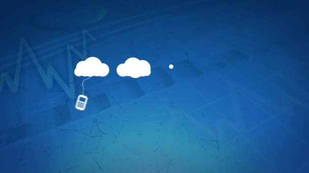 Animation Clouds Technology Icons Graphs Blue Background Global Connections Cloud — Stockvideo