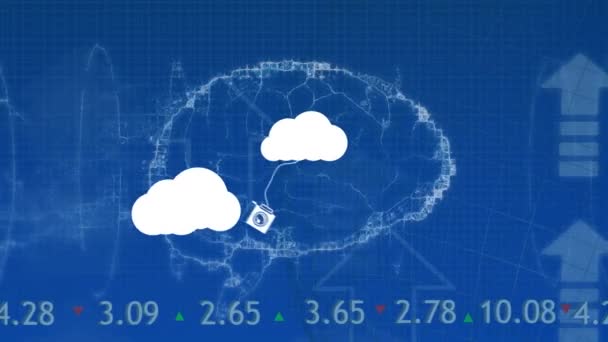 Animation Clouds Technology Brain Blue Background Global Connections Cloud Computing — Wideo stockowe