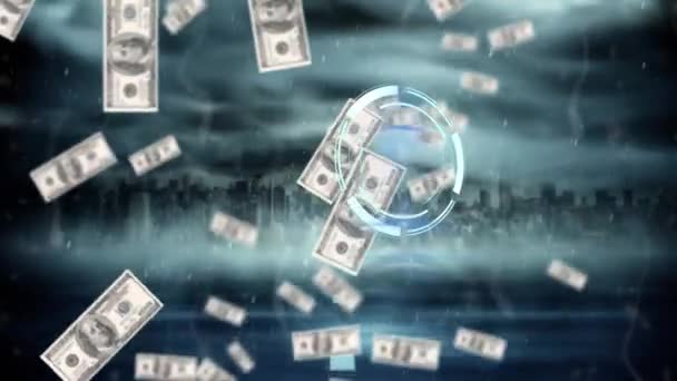 Animation Scope Scanning Dollar Bills Falling Cityscape Global Finance Business — Stockvideo