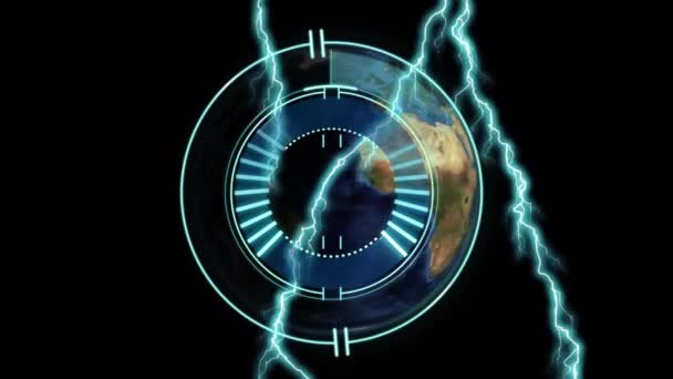 Animation Scope Scanning Lightning Globe Black Background Global Connections Digital — Vídeos de Stock