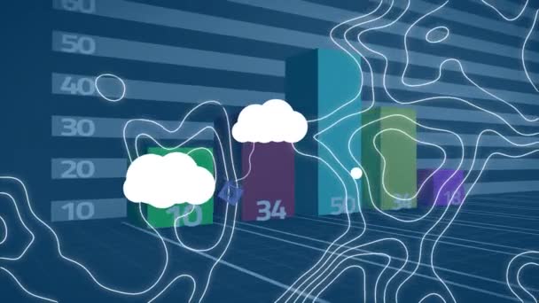 Animación Nubes Con Iconos Tecnológicos Sobre Isohipsis Gráficos Datos Sobre — Vídeos de Stock