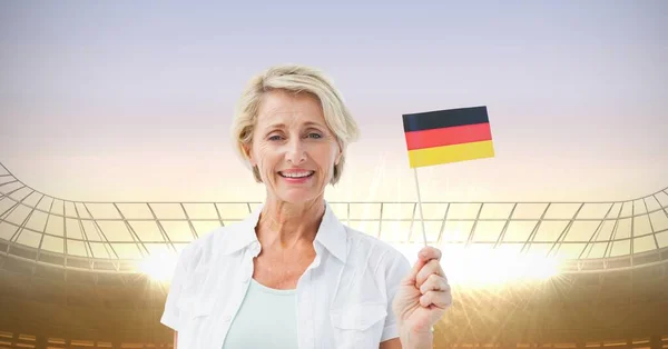 Composite Image Senior Woman Holding German Flag Sports Stadium Copy — Stock Photo, Image