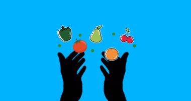 Multiple fruits and vegetables icons floating against silhouette of hands on blue background. vegan, organic and healthy food concept