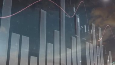 Mavi gökyüzündeki bulutlara karşı istatistiksel veri işlemenin birleşik videosu. iş istatistikleri ve veri kavramı