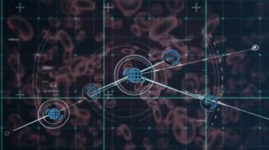 Network of digital icons against covid-19 cell and blood vessels on blue background. global networking and medical research technology concept