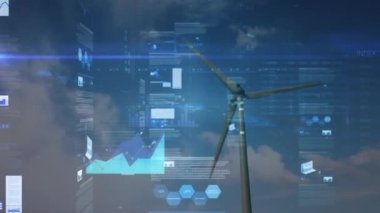Yel değirmeninin dönmesi ve mavi gökyüzüne karşı istatistiksel veri işlemenin birleşik videosu. iş istatistikleri ve veri kavramı