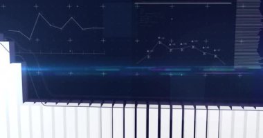 Animation of financial data processing and light spots on blue background. global business, finances, connections and digital interface concept digitally generated video.