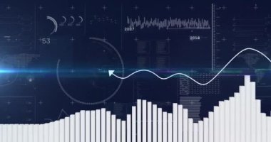 Mavi arka planda finansal veri işleme ve küresel animasyon. küresel iş, finans, bağlantılar ve dijital arayüz konsepti dijital olarak oluşturulmuş video.