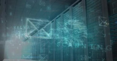 Animation of cyber attack warning text, envelopes and numbers processing over computer servers. global online security, communications and data processing concept digitally generated video.