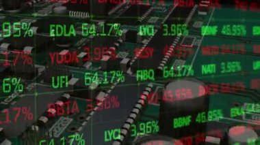 Composite video of stock market data processing against close up of microprocessor connections. business statistics and data concept