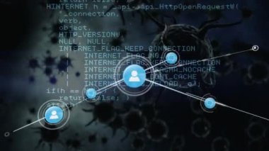 Network of profile icons and data processing against multiple covid-19 cells on blue background. global networking and medical research technology concept