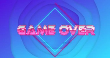 Game over text over neon banner against abstract textured blue gradient background. video game interface concept