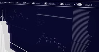 Mavi arka planda finansal veri işleme animasyonu. küresel iş, finans, bağlantılar ve dijital arayüz konsepti dijital olarak oluşturulmuş video.