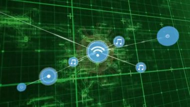 Yeşil zemin üzerinde dönen covid-19 hücresine karşı ızgara ağı üzerinden dijital simge ağı. küresel ağ oluşturma ve tıbbi araştırma teknolojisi kavramı