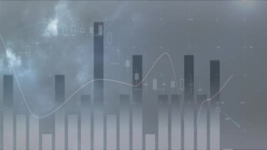 Composite video of statistical data processing against thunder storms in the sky. business statistics and data concept