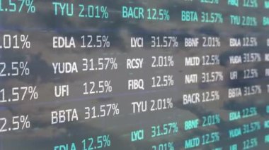 Composite video of stock market data processing against clouds in the blue sky. business statistics and data concept