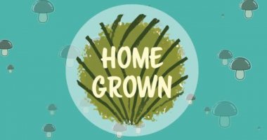 Digital animation of home grown text banner against mushroom icons floating on blue background. vegan, organic and healthy food concept