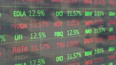 Composite video of stock market data processing against clouds in the blue sky. business statistics and data concept
