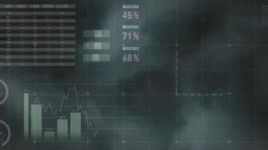 Composite video of statistical data processing against clouds in the dark sky. business statistics and data concept
