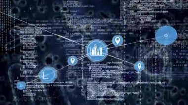 Network of digital icons and data processing against blood vessels on blue background. global networking and medical research technology concept