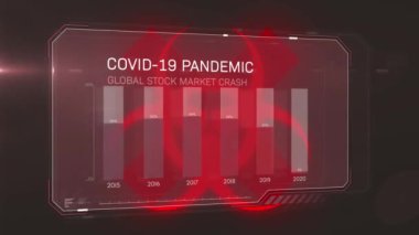 Animation of statistics over over biohazard covid 19 warning sign over black background. global covid 19 pandemic concept digitally generated video.