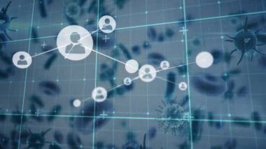 Network of profile icons against covid-19 cell and blood vessels on green background. global networking and medical research technology concept