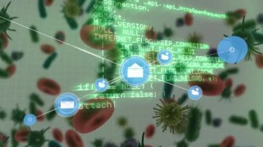 Network of digital icons and data processing against covid-19 cells and blood vessels. global networking and medical research technology concept