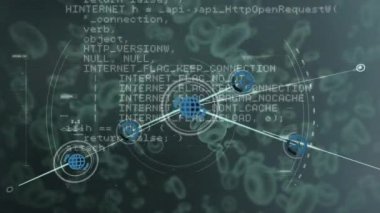 Network of digital icons and data processing against covid-19 cells and blood vessels. global networking and medical research technology concept