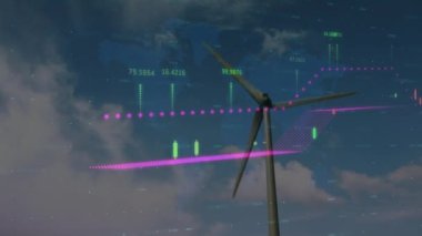Composite video of statistical data processing against windmill spinning and clouds in the blue sky. business statistics and data concept