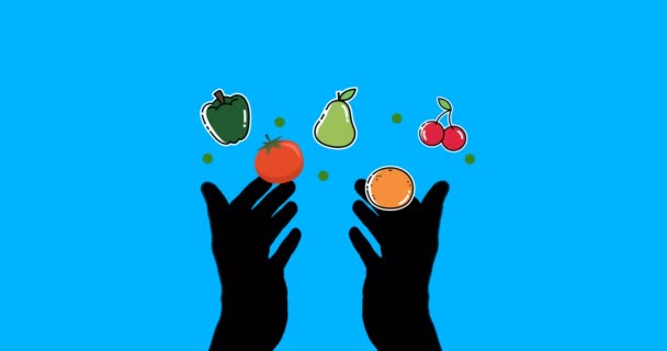 青い背景に手のシルエットに浮かぶ複数の果物や野菜のアイコン ビーガン オーガニック ヘルシーなフードのコンセプト — ストック動画