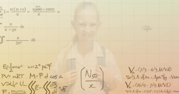 Matemáticas Banner Texto Ecuaciones Sobre Niña Escuela Caucásica Contra Fondo — Vídeos de Stock