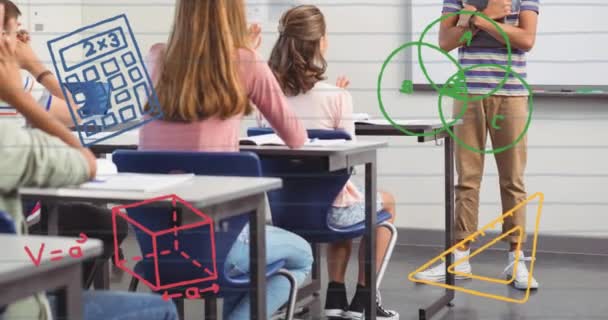 Meerdere School Concept Iconen Tegen Jongen Die Een Presentatie Geeft — Stockvideo