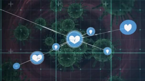 複数のCovid 19細胞が浮かんでいるデジタルアイコンのネットワーク 世界的なネットワーキングと医療研究技術の概念 — ストック動画