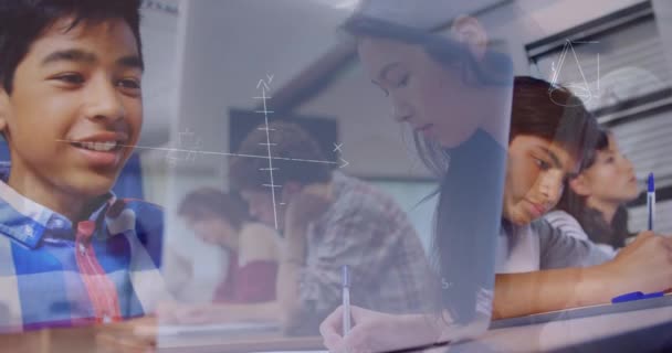 Animação Equações Matemáticas Sobre Estudante Usando Laptop Sala Aula Conceito — Vídeo de Stock
