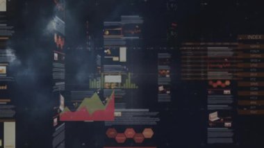 Composite video of screens with statistical data processing against thunder storms in the sky. business statistics and data concept