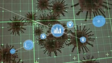 Gri arkaplandaki çoklu covid-19 hücrelerine karşı ızgara ağı üzerinden dijital simge ağı. küresel ağ oluşturma ve tıbbi araştırma teknolojisi kavramı