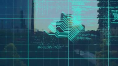Animation of data processing and blue lines over cityscape. global business, finances, connections and digital interface concept digitally generated video.