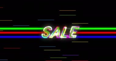 Animation of sale text in glowing letters over neon stripes on black background. retro retail, sales and communication concept digitally generated video.