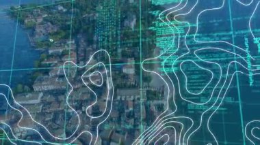 Animation of data processing and moving shapes over cityscape. global business, finances, connections and digital interface concept digitally generated video.