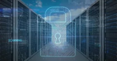 Animation of online security padlock and data processing over computer servers. global online security, data processing and cyber crime concept digitally generated video.