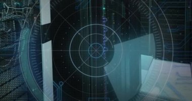 Animation of data processing and scope scanning over computer servers. global computing and data processing concept digitally generated video.